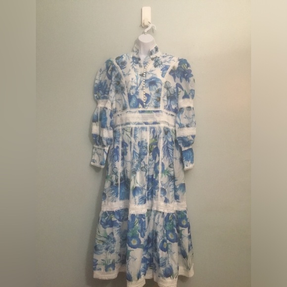 Dahlia Dresses & Skirts - Dahlia Floral Lace-Trim Blue Maxi Dress